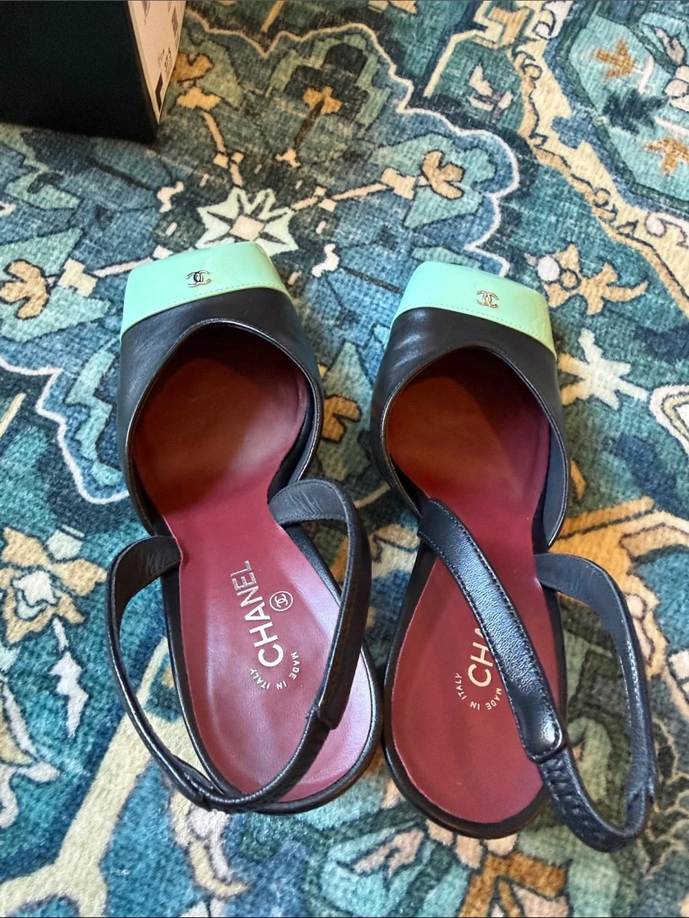 Chanel 26S Blazy Black Minty Green Square Cap Toe Sling Slingback Heel 37.5